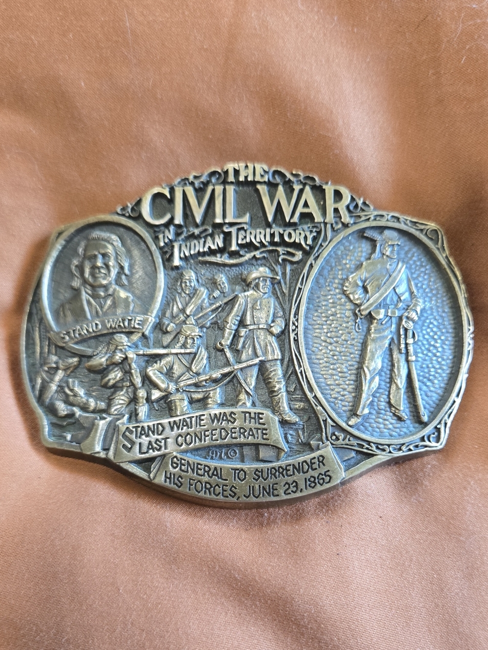 Vtg ADM solid brass belt buckle -Civil War In Indian Territory Stand Waitie